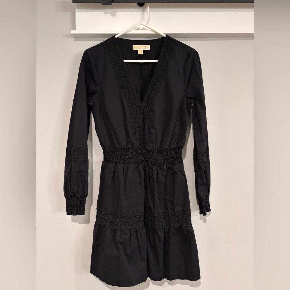 MICHAEL Michael Kors Black Smocked Waist Lace Trim Dress Size Medium